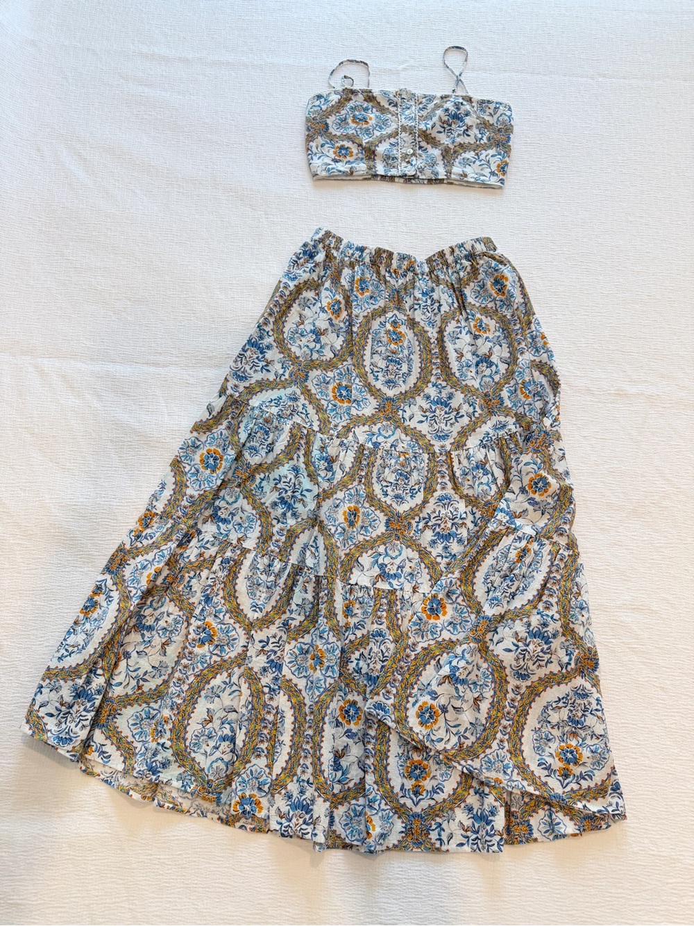 Boho Floral Paisley Maxi Skirt in Blue and Mustard